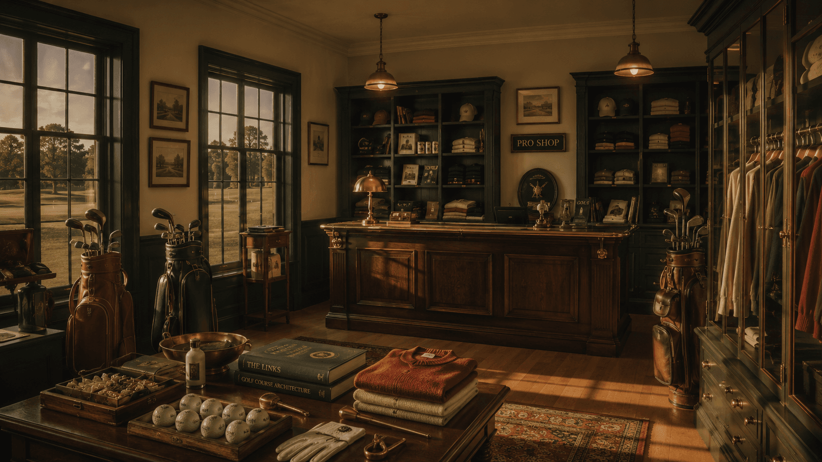 Inside a traditional golf pro shop with dark timber shelves, club displays, and warm window light